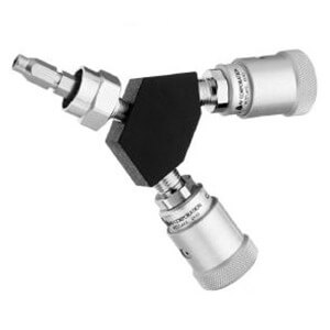 Schrader Y-Block, Non-Swivel Male QC Inlet x Female Coupler Outlets, Med Air